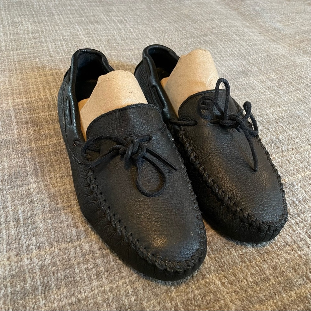 MINNETONKA Black Pebbled Leather Deerskin Driving Moccasins Men's Size 13